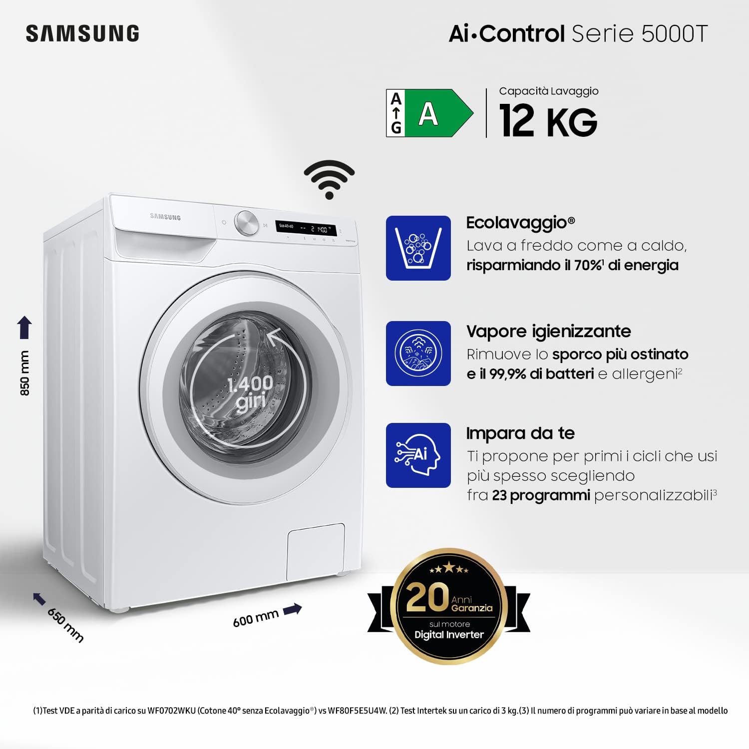 Samsung 12 kg Waschmaschine mit AI Control & Dampf — Ansicht 3